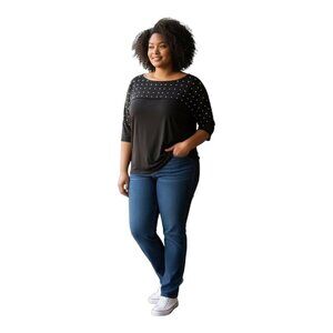 Ruby Rd Studded Top~Size Petite Large~Black/Silver Colorful Embellishments L6 13